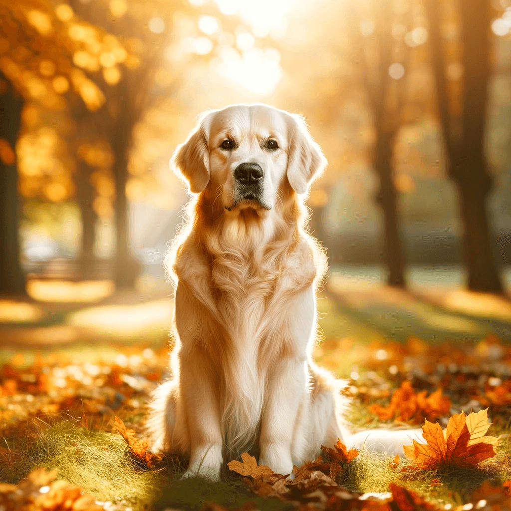 A_charming_Dark_Golden_Retriever_sitting_obediently_in_a_sunlit_park_surrounded_by_autumn_leaves_showcasing_its_well-behaved_nature