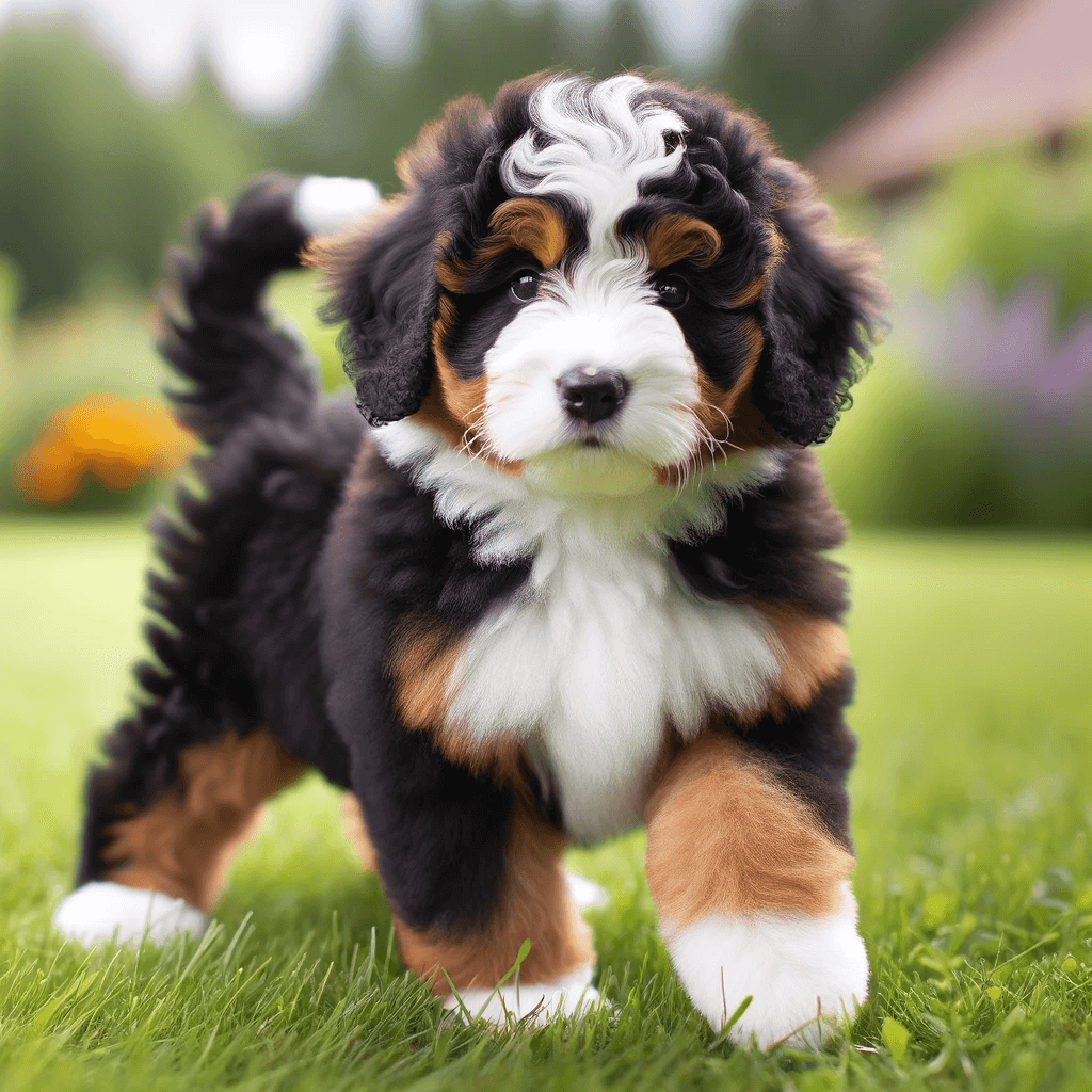 A_charming_F1B_Bernedoodle_puppy_with_a_striking_coat_that_has_a_mix_of_black_white_and_tan_typical_of_its_Bernese_heritage
