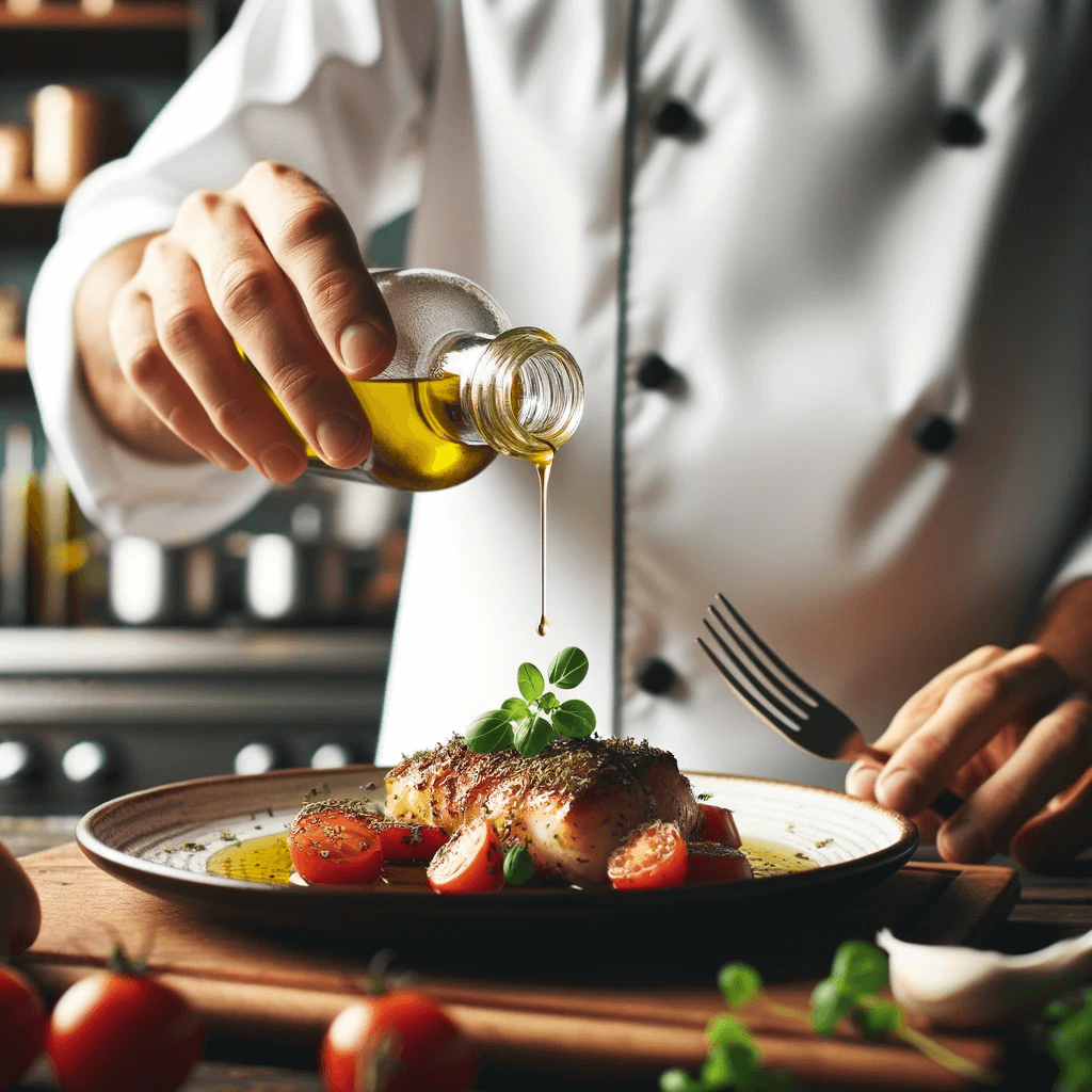 A_chef_using_oregano_oil_in_cooking_drizzling_it_onto_a_dish_for_flavor_and_health_benefits