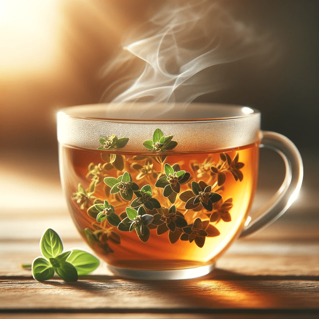 A_clear_glass_teacup_filled_with_aromatic_oregano_herbal_tea_with_steam_rising_gracefully_from_the_cup