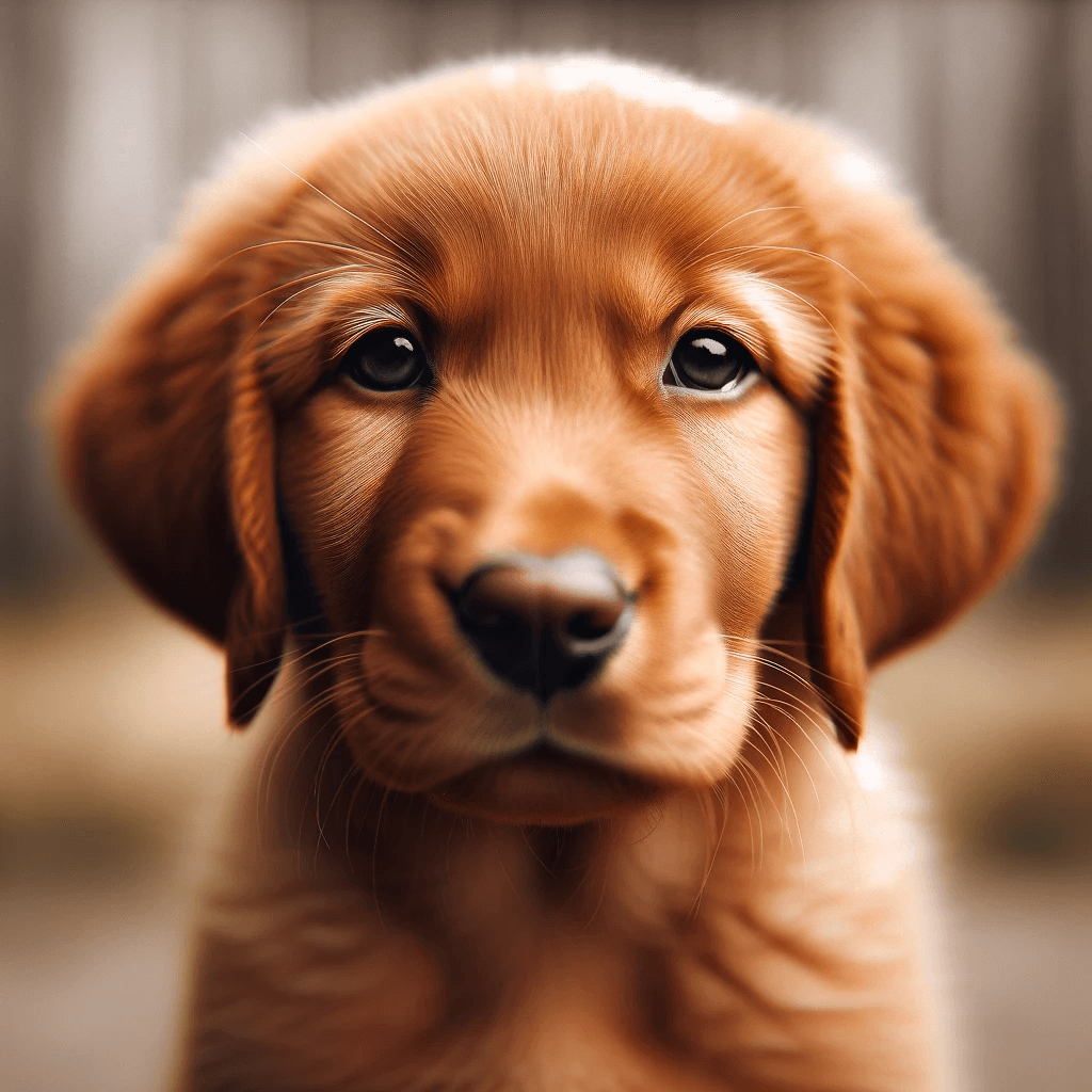 A_close-up_of_a_Red_Fox_Lab_puppy_with_a_soft_and_fluffy_coat_its_eyes_slightly_downcast_exuding_a_sense_of_calmness._The_focus_is_on_the_puppy_s_fa