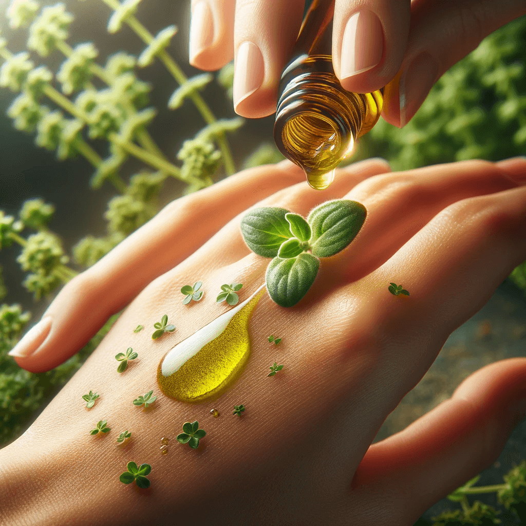 A_close-up_of_oregano_oil_being_applied_topically_on_a_hand_with_a_green_leafy_oregano_plant_in_the_background.
