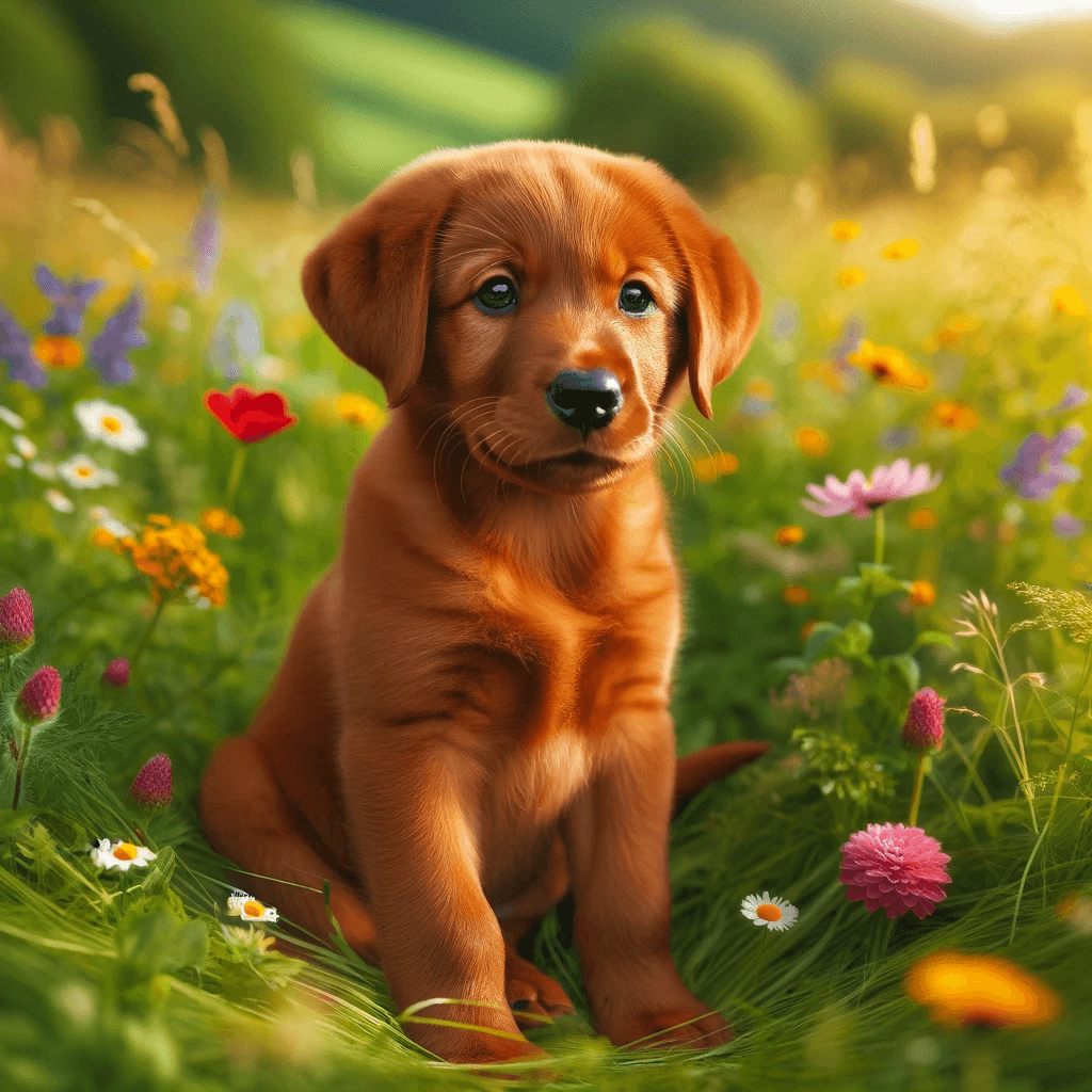 A_cute_and_playful_red_fox_lab_puppy_sitting_in_a_meadow_with_wildflowers
