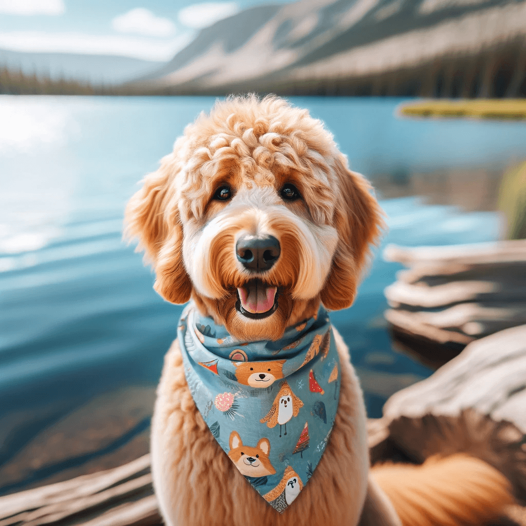 A_f1bb_Golden_Mountain_Doodle_wearing_a_cute_bandana_posing_in_front_of_a_lake
