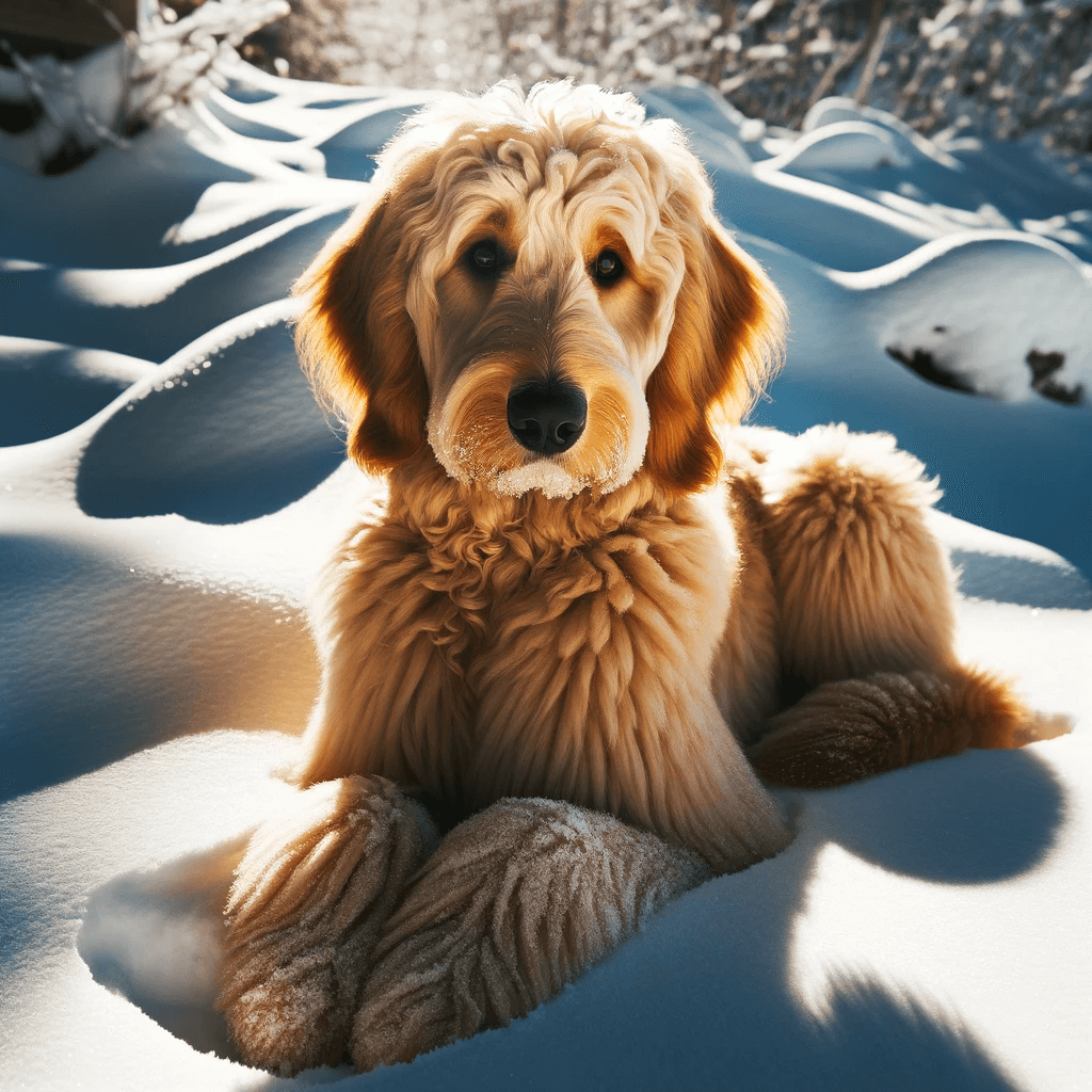 A_flat_coat_Goldendoodle_lying_comfortably_in_the_snow_bathed_in_sunlight_with_shadows_surrounding_it