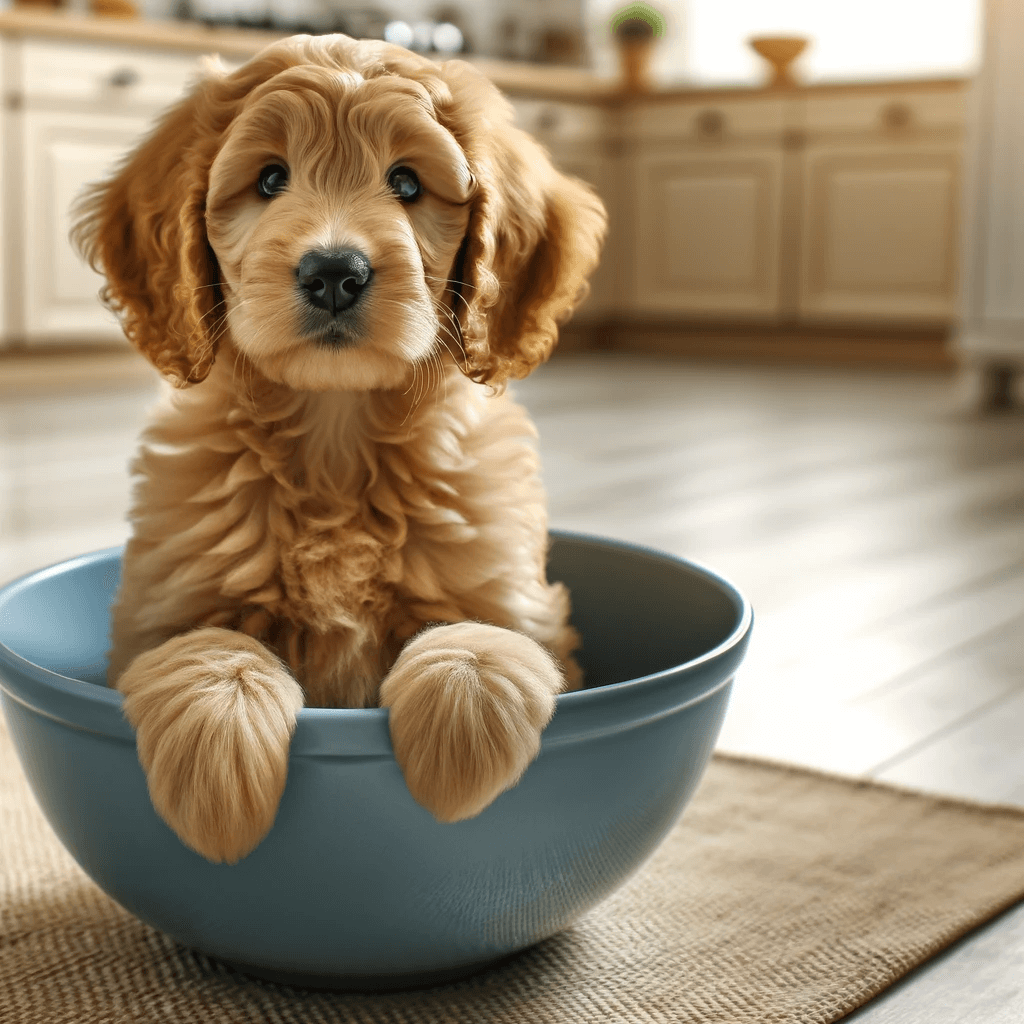 A_flat_coat_Goldendoodle_puppy_sitting_inside_a_blue_bowl_giving_a_surprised_or_curious_look