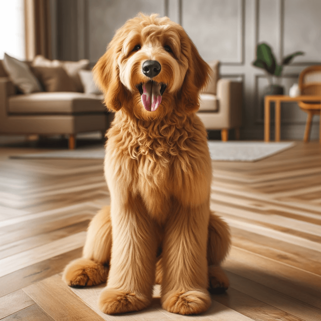 A_flat_coat_Goldendoodle_sitting_on_a_wooden_floor_inside_a_home_with_a_joyful_expression_and_its_tongue_out._The_dog_has_a_shiny_golden_coat