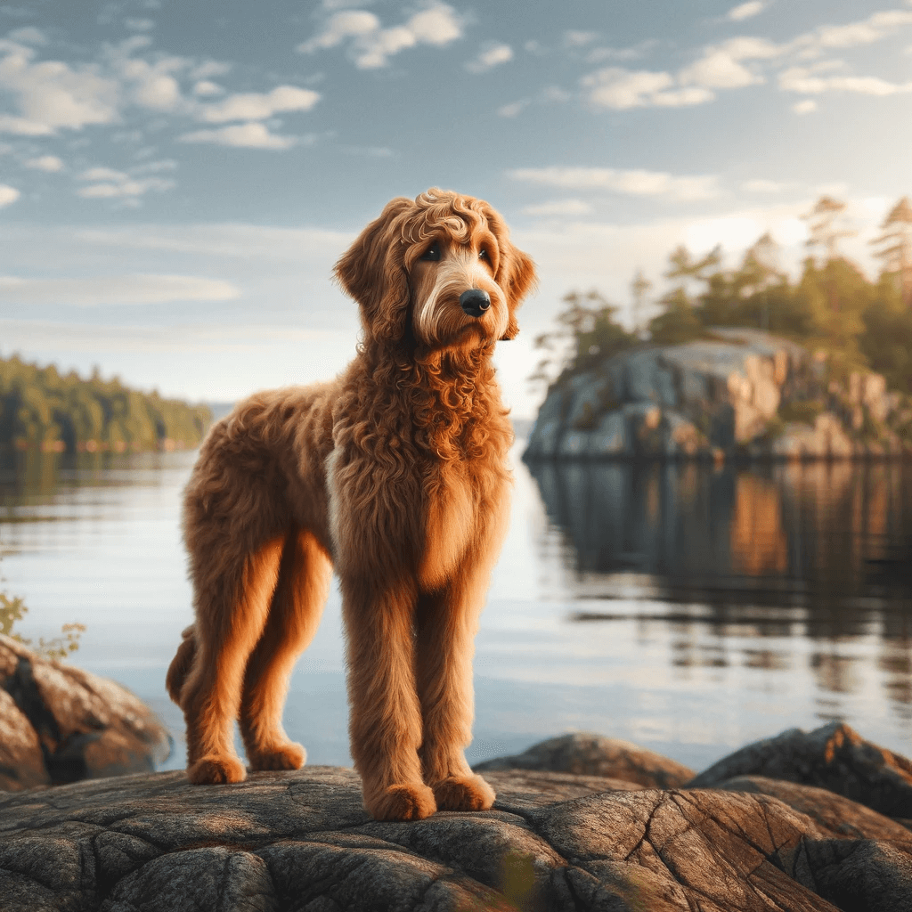 A_flat_coat_Goldendoodle_standing_on_rocks_with_a_scenic_backdrop_of_calm_water_and_a_clear_sky