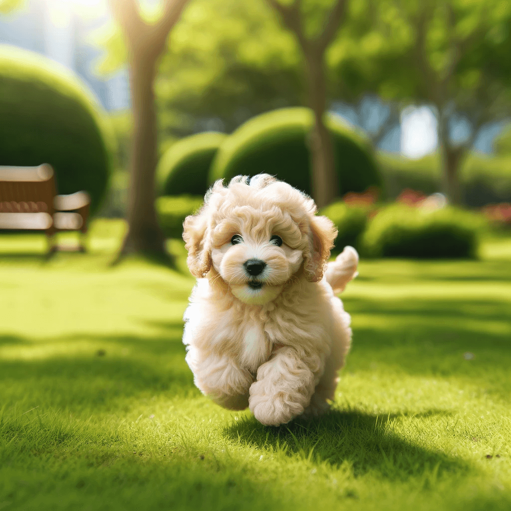 A_fluffy_cream-colored_teacup_Labradoodle_puppy_frolicking_in_a_sunny_park_with_its_tiny_tail_wagging_excitedly._The_park_is_lush_with_green_grass_a