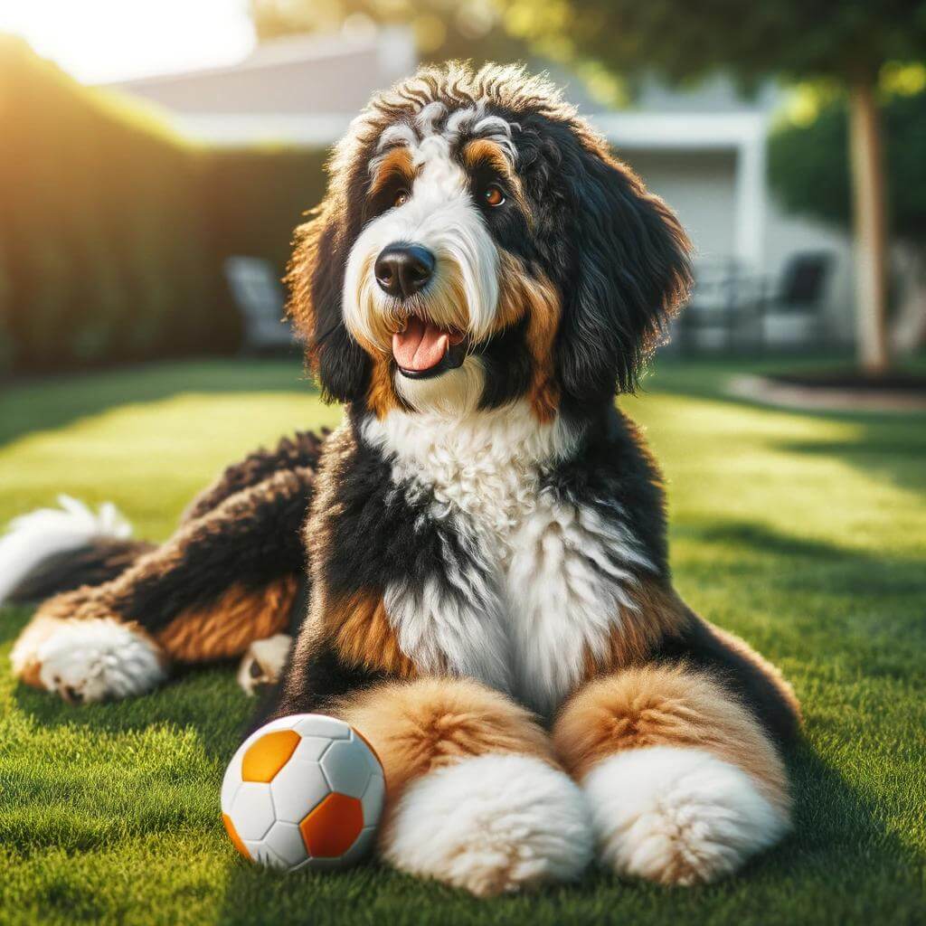 A_full-grown_Bernedoodle_is_lying_down_on_grass
