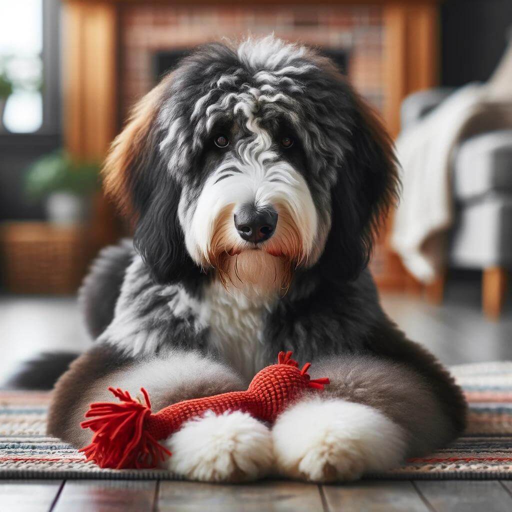 A_full-grown_Bernedoodle_lying_down_indoors