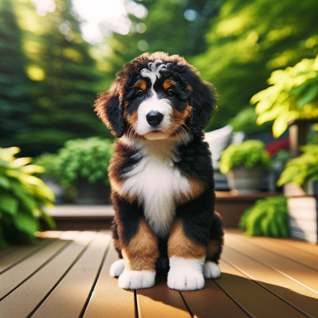 A_full-grown_Bernedoodle_puppy_outside_on_a_wooden