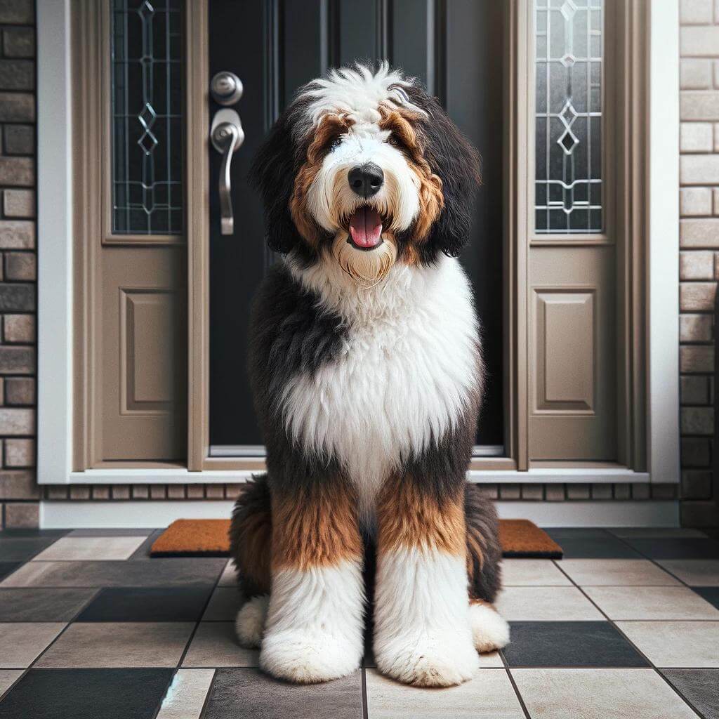 A_full-grown_Bernedoodle_sitting_on_a_tiled_porch