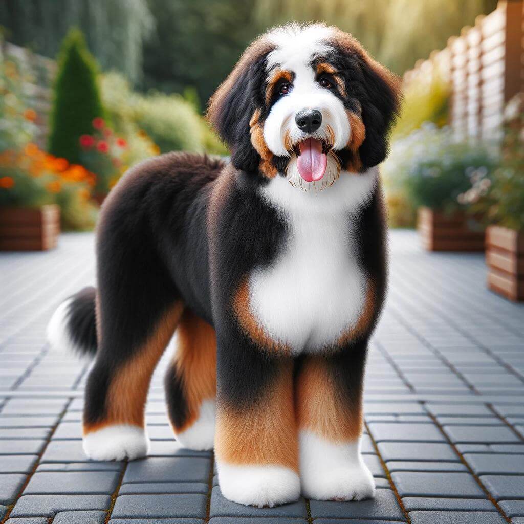 A_full-grown_Bernedoodle_stands_on_a_paved_outdoor
