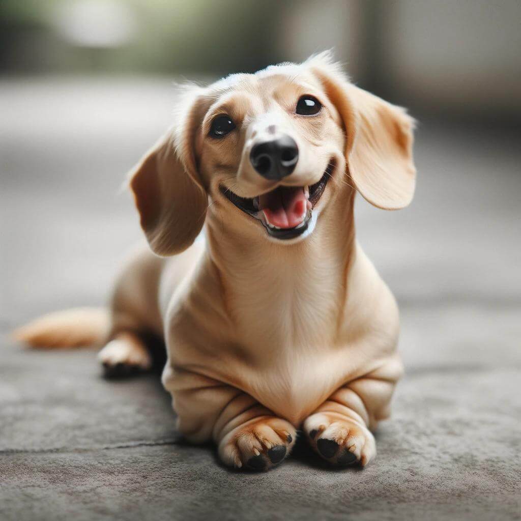 A_full-grown_English_cream_Dachshund_on_concrete_p