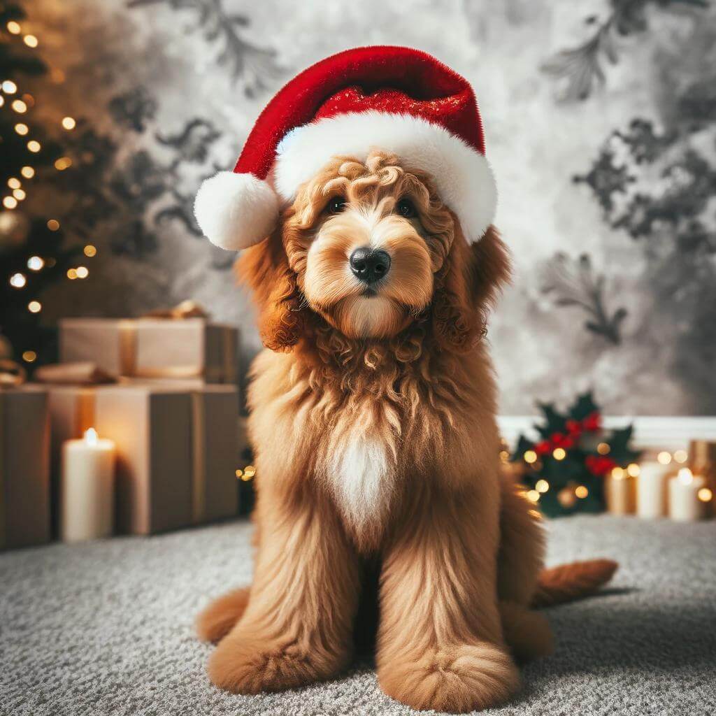A_full-grown_Mini_Goldendoodle_wearing_a_Santa_hat