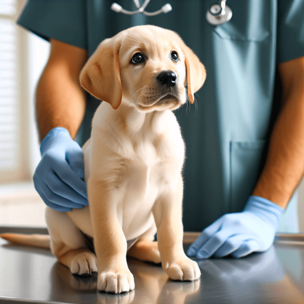 A_golden_Labrador_puppy_sitting_bravely_on_a_vet_s_table_looking_up_trustingly_at_the_veterinarian