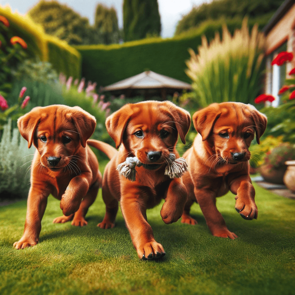 A_group_of_three_red_fox_lab_puppies_playing_together_in_a_garden