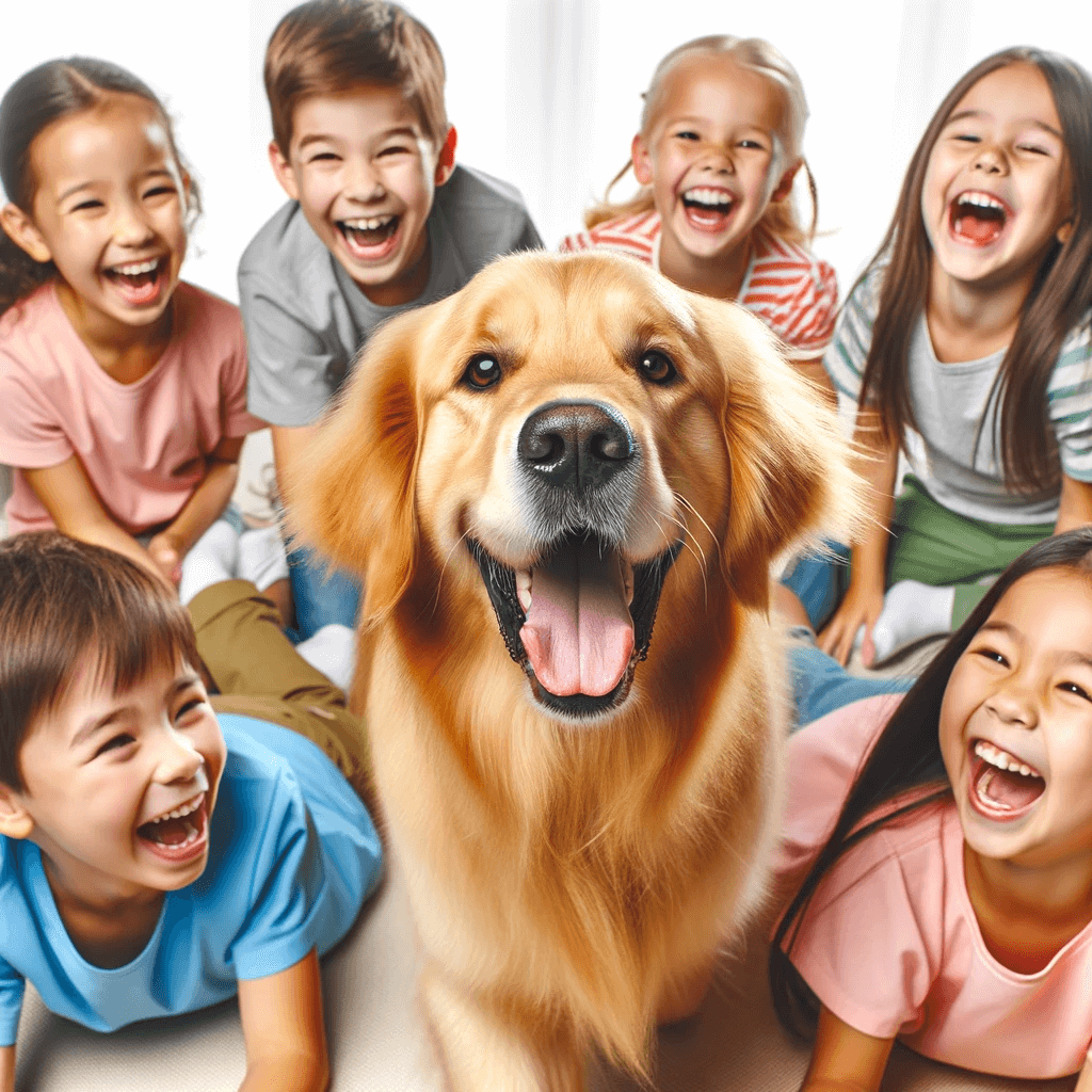 A_joyful_Dark_Golden_Retriever_surrounded_by_a_group_of_laughing_children_its_wagging_tail_and_bright_expression_embodying_the_breed_s_love_for_family
