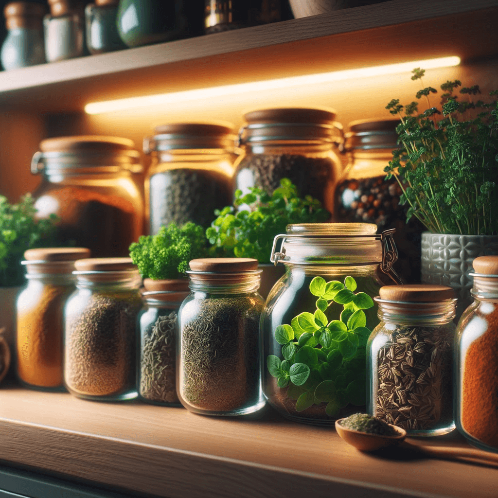 A_kitchen_shelf_adorned_with_various_spice_jars_where_oregano_takes_center_stage_with_its_vibrant_green_leaves