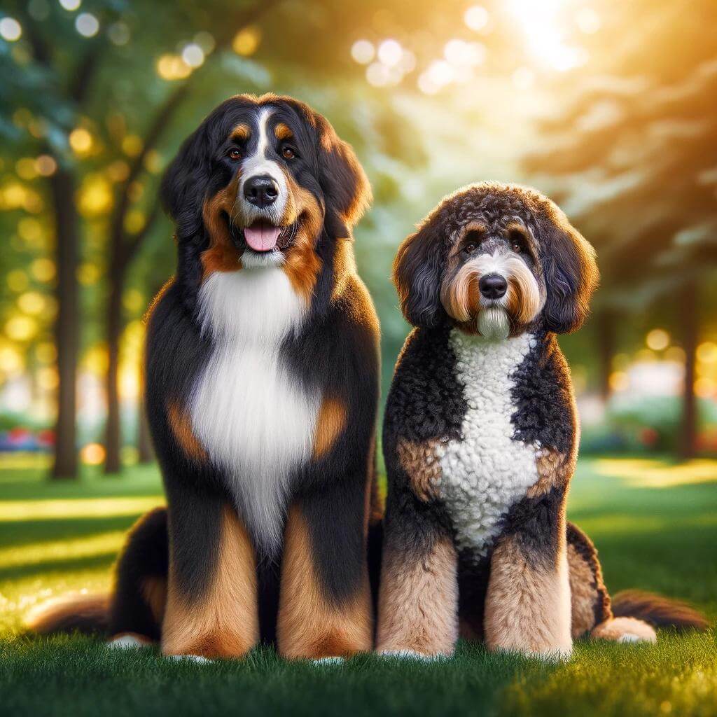A_male_and_female_full-grown_Bernedoodle_side_by_side