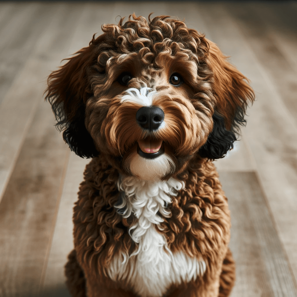 A_medium-sized_F1B_Bernedoodle_curly-furred_dog_with_a_predominant_brown_coat_and_white_and_black_markings_on_the_face_chest_and_paws
