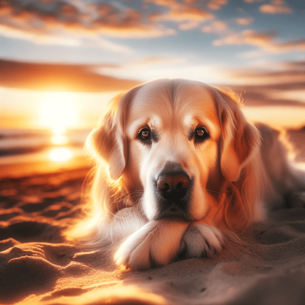 A_peaceful_Dark_Golden_Retriever_lying_on_a_sandy_beach_at_sunset_the_warm_colors_of_the_sky_reflecting_in_its_attentive_eyes_capturing_a_moment_of_tranqulity