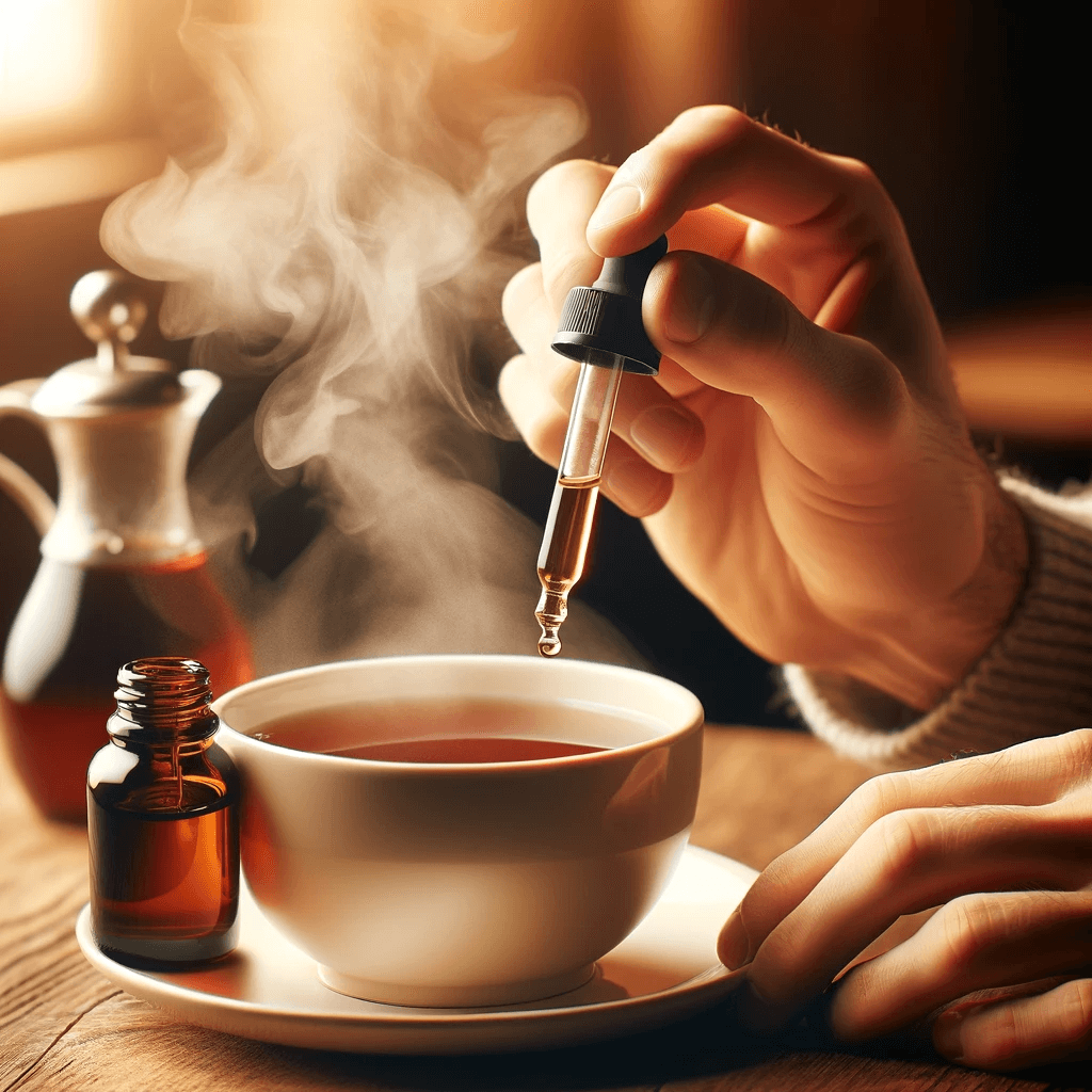 A_person_adding_a_few_drops_of_oregano_oil_to_a_cup_of_tea_with_steam_rising_from_the_cup