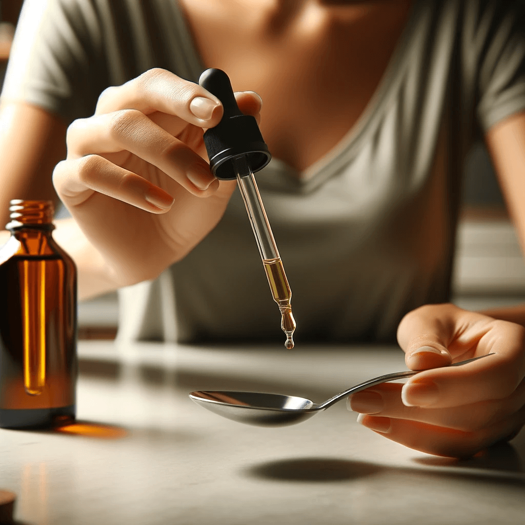 A_person_holding_a_dropper_and_dispensing_oregano_oil_into_a_spoon_with_a_bottle_of_oregano_oil_in_the_background