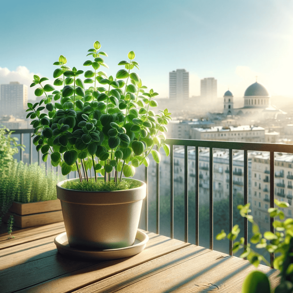 A_picturesque_oregano_plant_thriving_on_a_sunny_balcony_framed_against_a_backdrop_of_a_cityscape