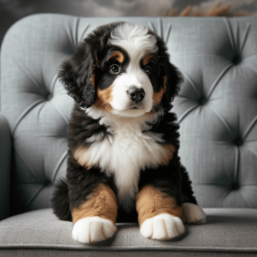 A_puppy_F1B_Bernedoodle_with_a_lush_tri-color_coat_featuring_black_white_and_tan_patches_sitting_against_a_gray_upholstered_background