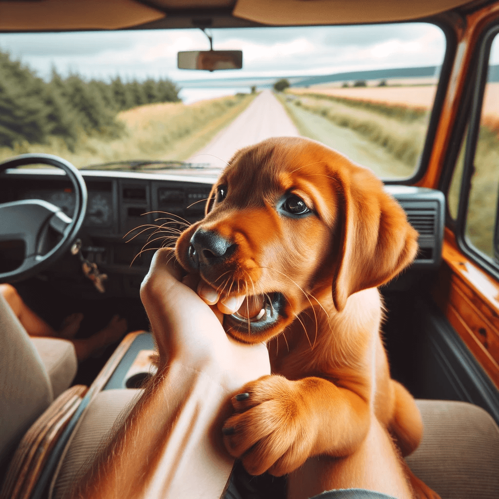 A_red_fox_lab_puppy_biting_gently_on_a_person_s_hand_sitting_inside_a_vehicle_with_a_view_of_the_outdoors_through_the_window