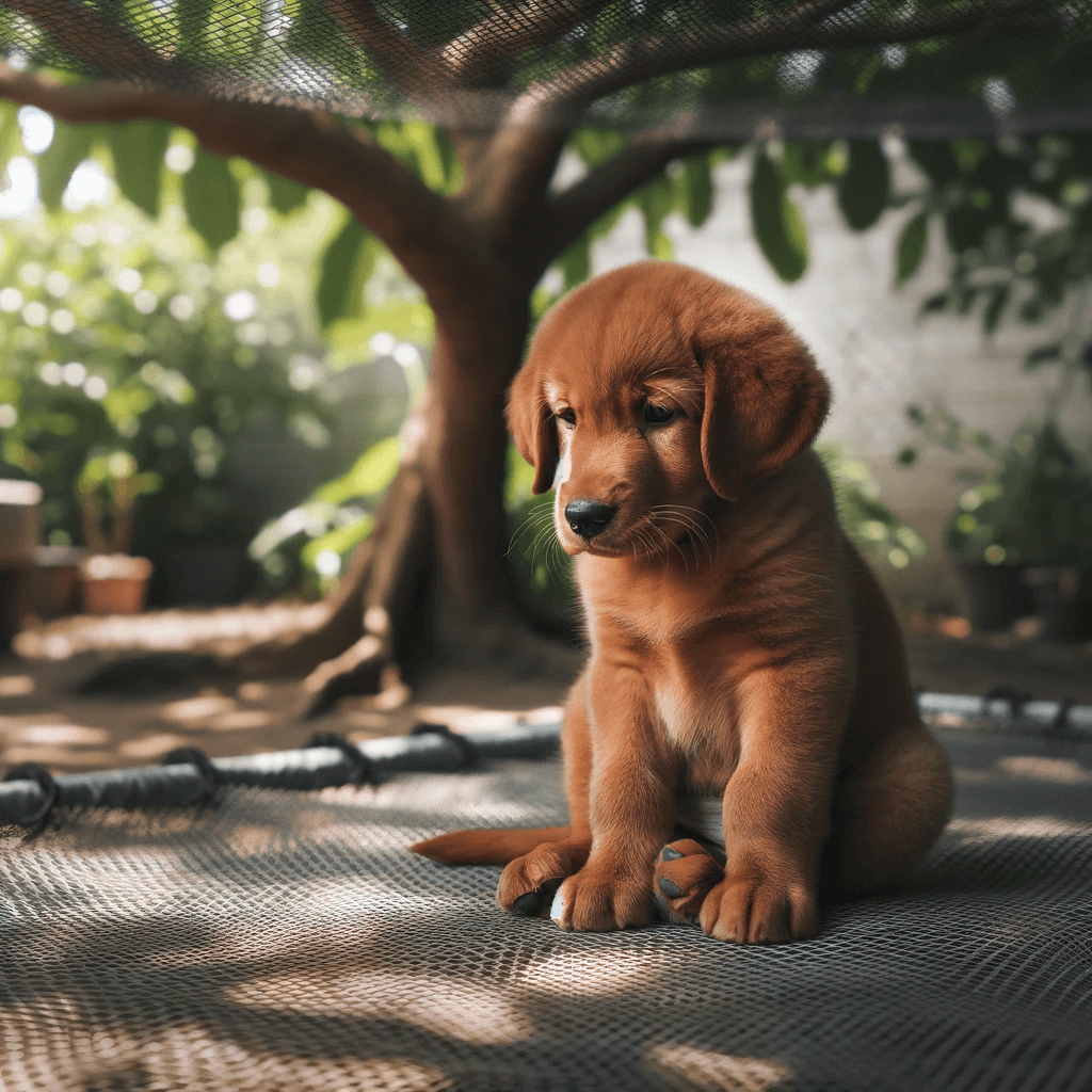 A_red_fox_lab_puppy_sitting_on_an_outdoor_mesh_surface_under_a_tree_looking_a_bit_forlorn_or_contemplative