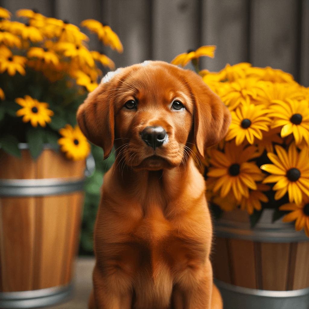 A_red_fox_lab_puppy_standing_in_front_of_a_bucket_with_yellow_flowers_looking_slightly_to_the_side_with_a_serious_expression