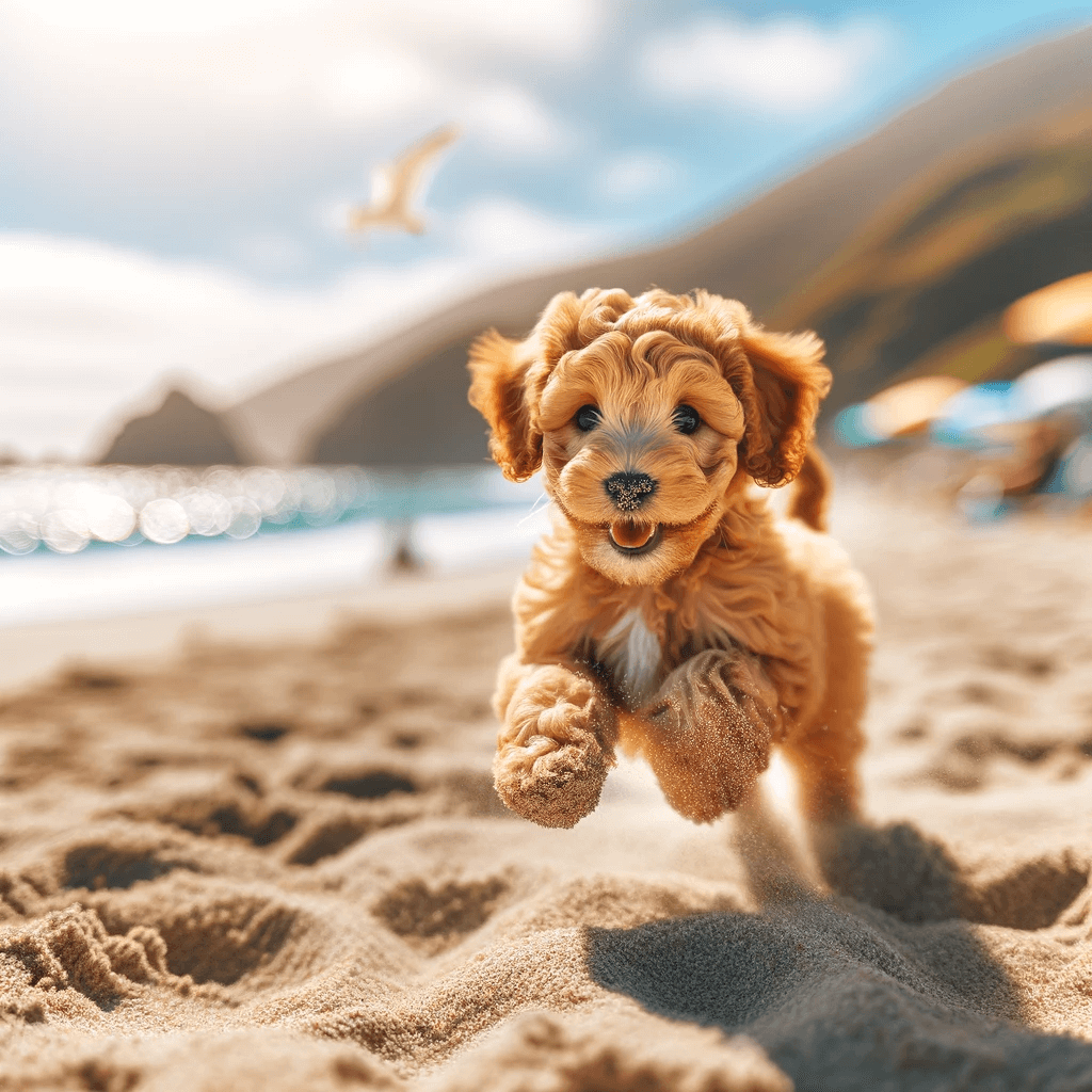 A_sandy-colored_teacup_Labradoodle_playing_on_a_sunny_beach.
