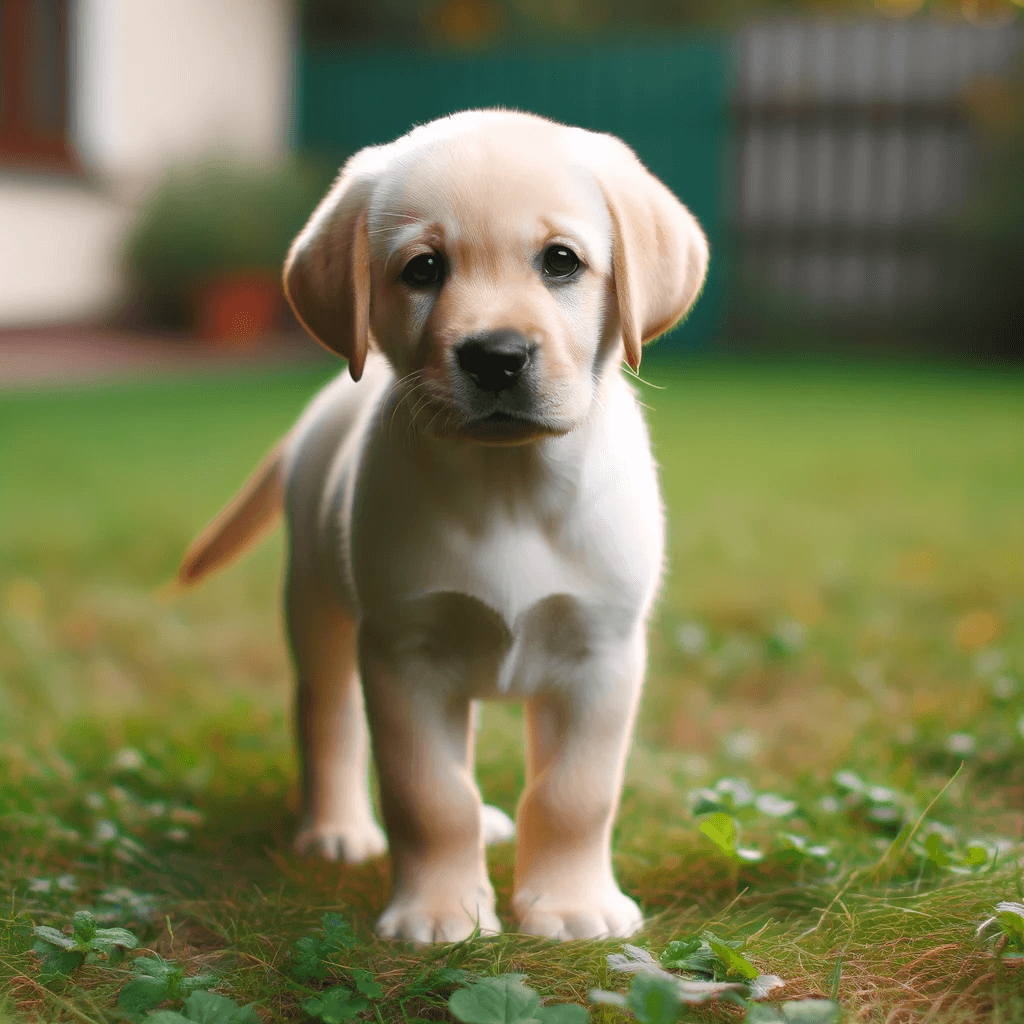 A_single_yellow_Labrador_Retriever_puppy_stands_on_the_grass_displaying_a_curious_yet_gentle_expression_typical_of_the_breed_s_friendly_nature