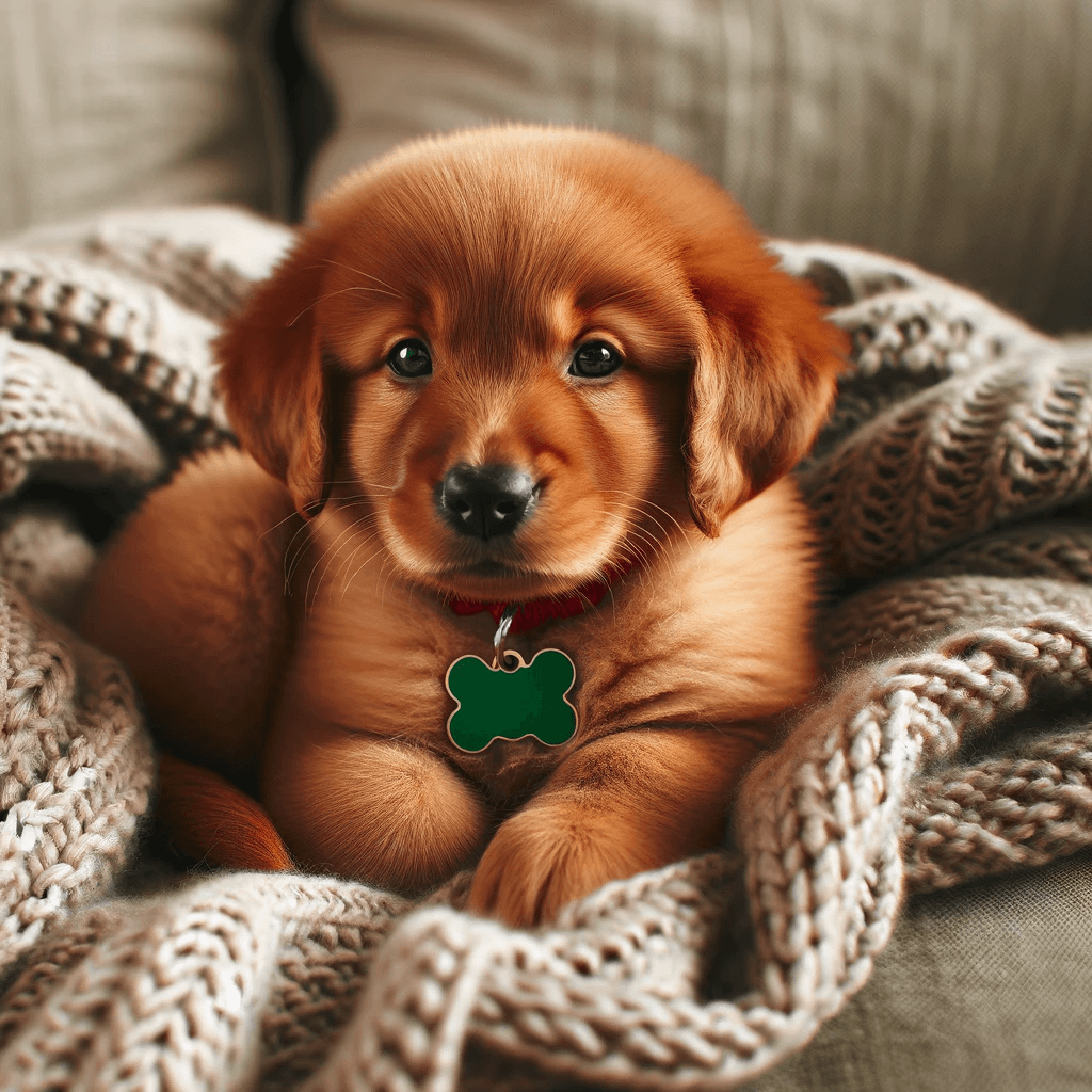 A_small_Red_Fox_Lab_puppy_with_a_green_identification_tag_cuddled_up_on_a_knitted_blanket_looking_cozy_and_serene