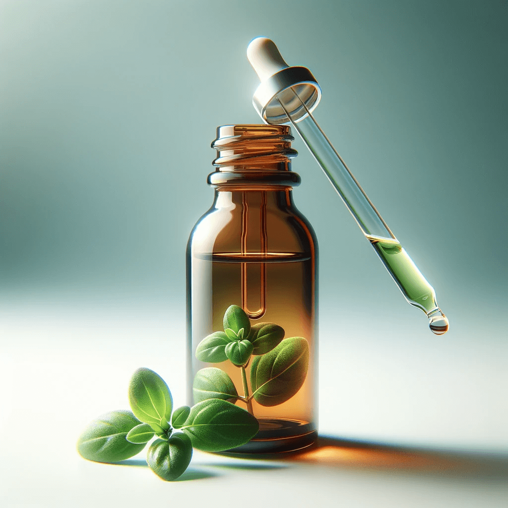 A_small_amber_glass_bottle_of_oregano_oil_with_a_dropper_set_against_a_simple_white_background