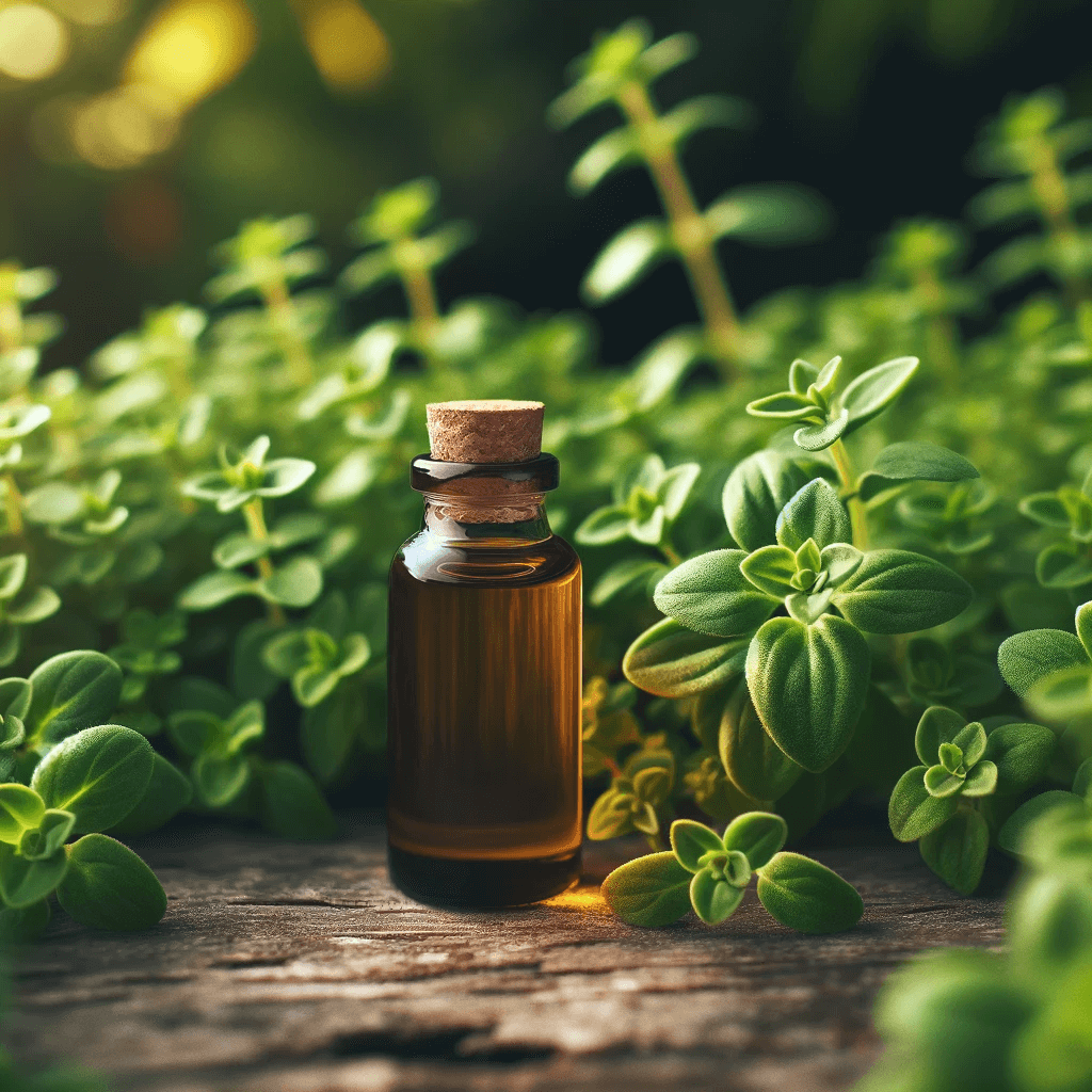 A_small_bottle_of_oregano_oil_placed_amidst_a_garden_of_oregano_plants_highlighting_its_natural_source