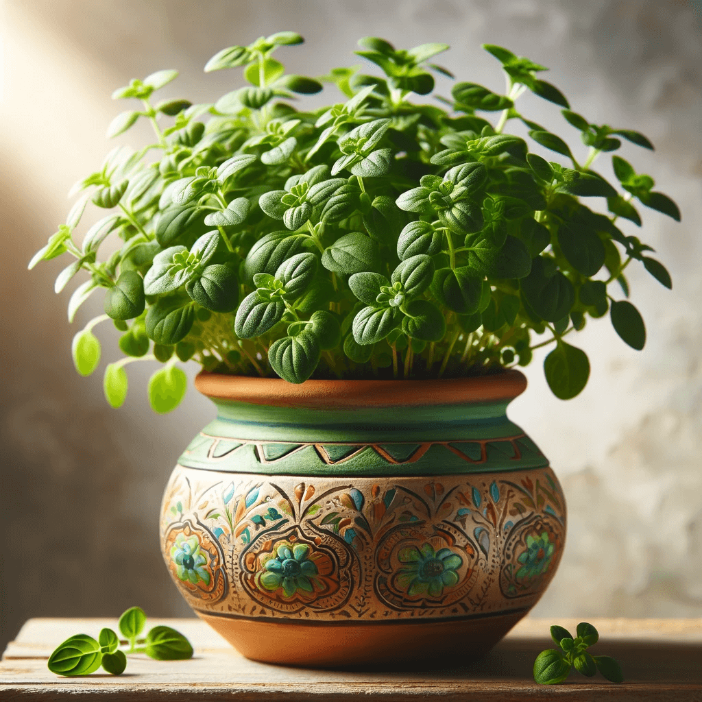 A_vibrant_green_oregano_plant_thriving_in_a_decorative_ceramic_pot_ready_to_be_used_in_culinary_adventures