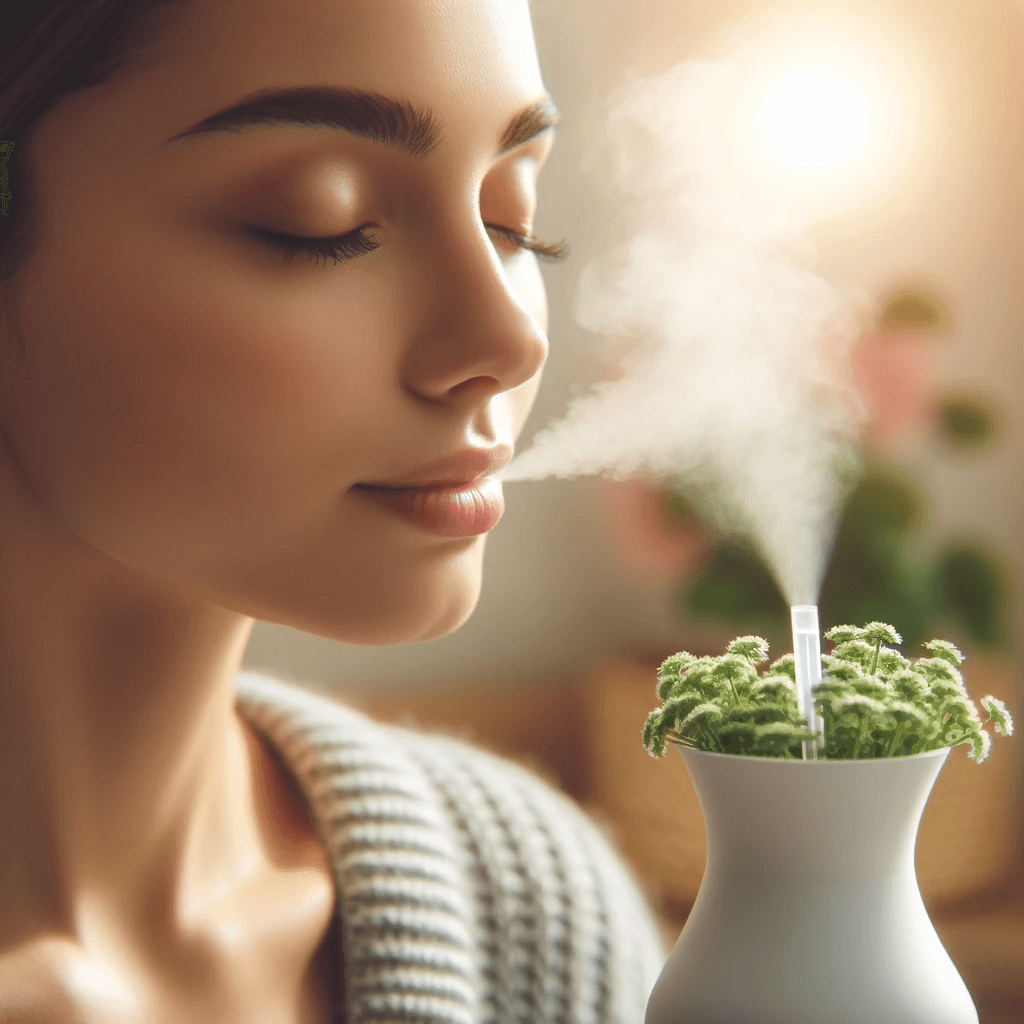 A_woman_inhaling_oregano_oil_from_a_diffuser_with_a_soft-focus_background._The_image_shows_the_woman_closing_her_eyes_and_breathing_deeply_indicatin