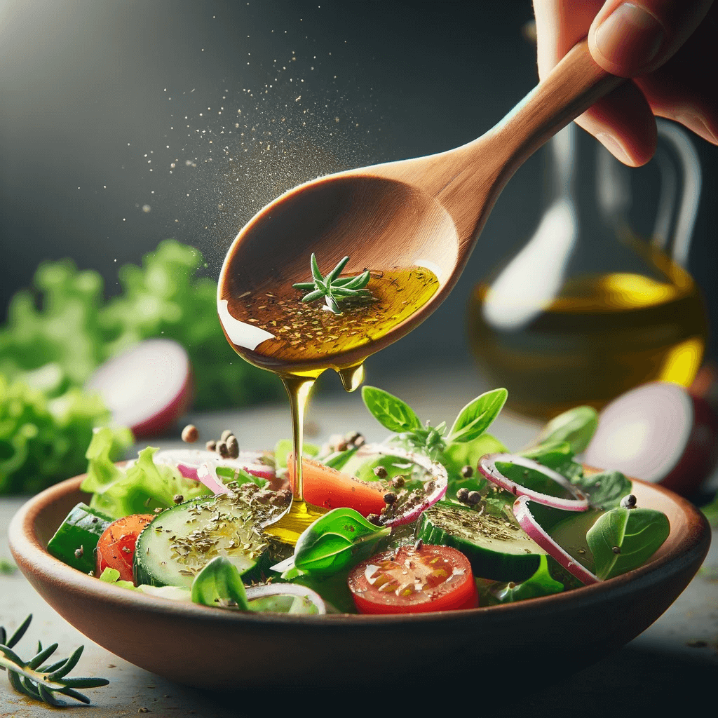 A_wooden_spoon_drizzling_oregano-infused_olive_oil_over_a_fresh_salad_enhancing_its_flavors