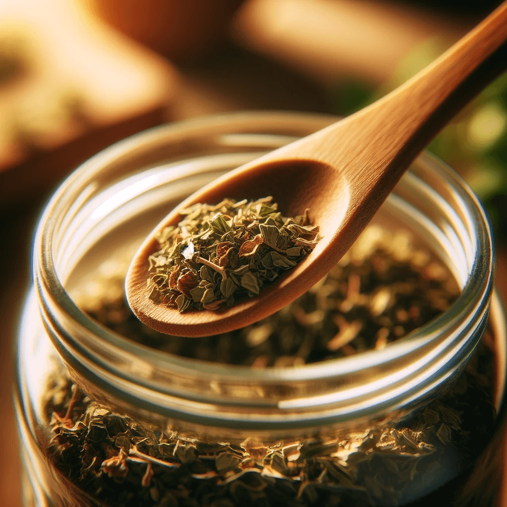 A_wooden_spoon_scooping_up_a_spoonful_of_dried_oregano_leaves_from_a_glass_jar