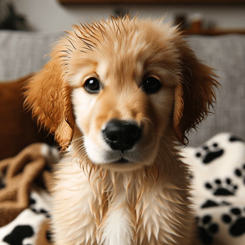 A_young_Dark_Golden_Retriever_puppy_is_pictured_with_a_slightly_wet_coat_suggesting_a_recent_bath
