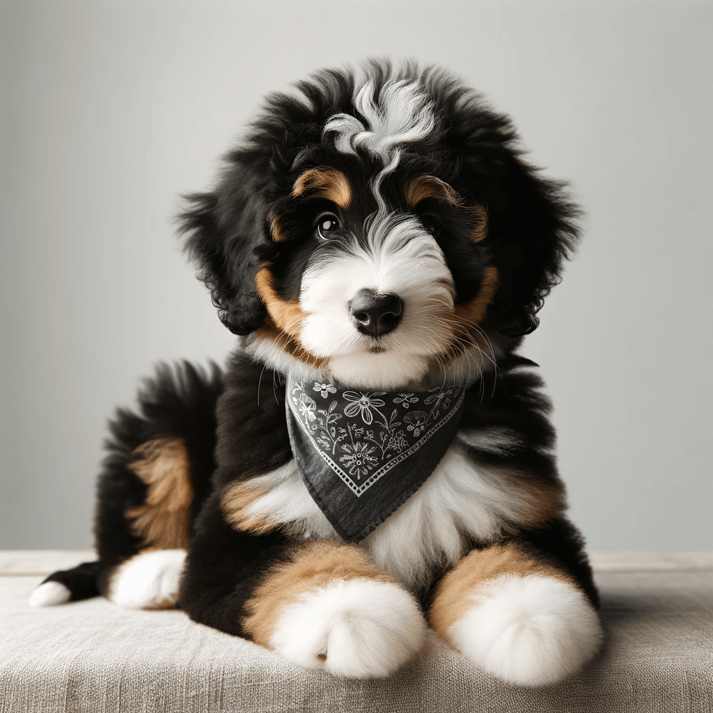 A_young_F1B_Bernedoodle_puppy_in_a_playful_pose_with_a_fluffy_coat_that_is_black_at_the_base_with_white_and_tan_markings_including_a_distinct_white