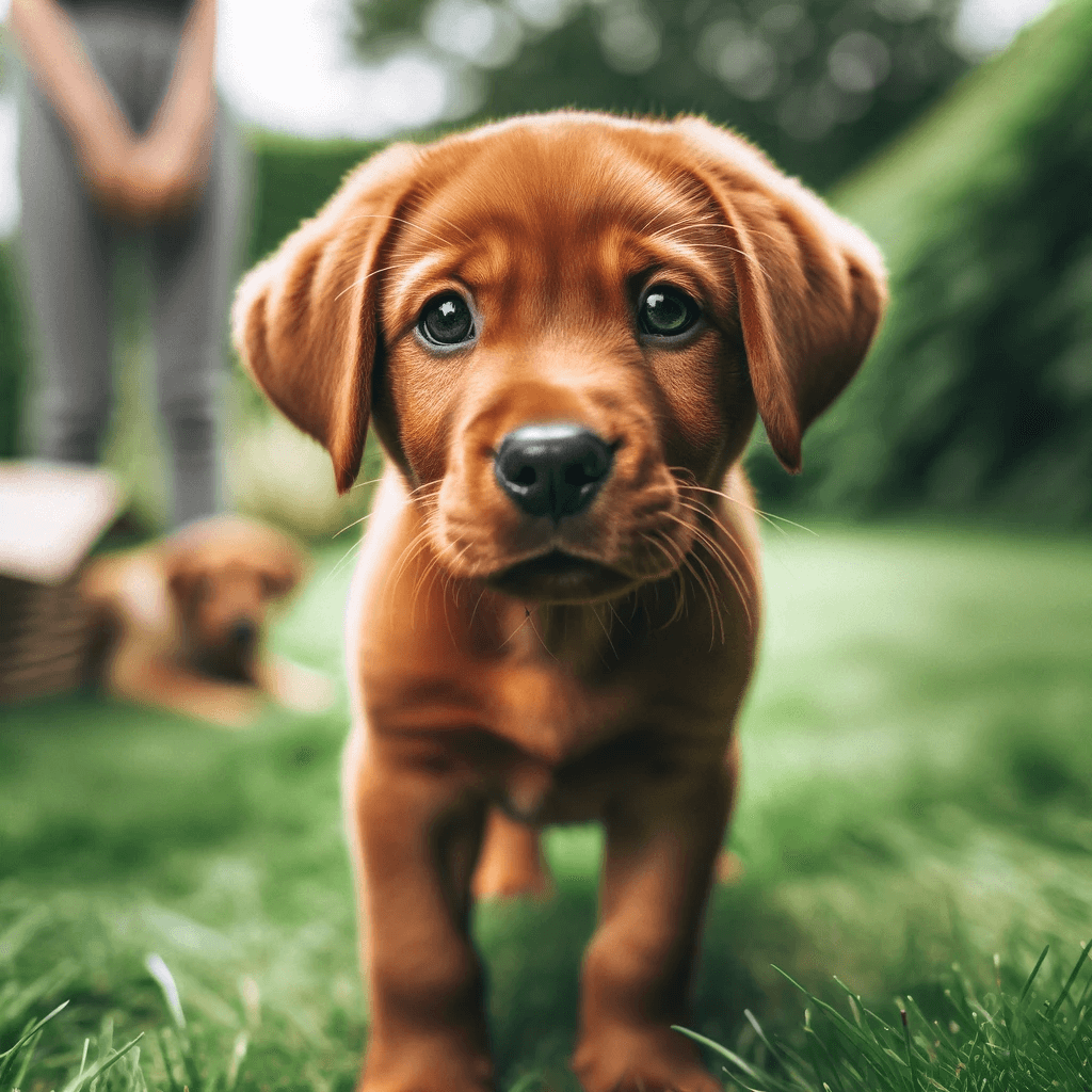 A_young_Red_Fox_Lab_puppy_standing_on_grass_with_a_slightly_tilted_head_giving_it_a_curious_look