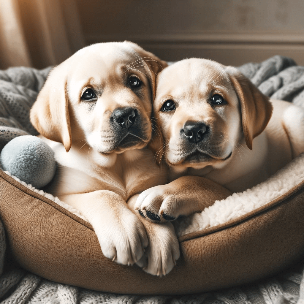Adorable_Labradorii_puppies_Labrador_Retrievers_cuddling_together_in_a_cozy_dog_bed_showcasing_their_irresistible_charm