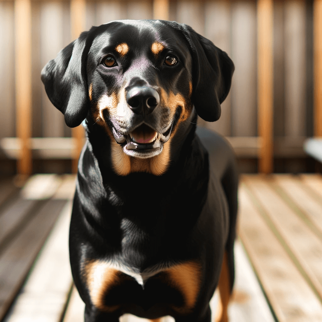 Adult_Labahoula_coonhound_lab_mix_with_a_solid_black_coat_standing_on_a_wooden_deck