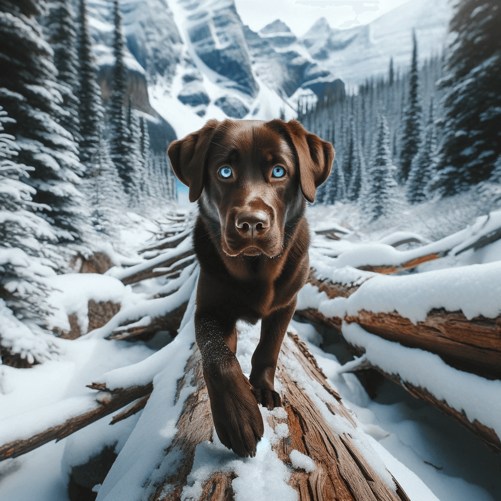 Adventurous_Blue-Eyed_Chocolate_Lab_Trekking_Through_Snowy_Trails