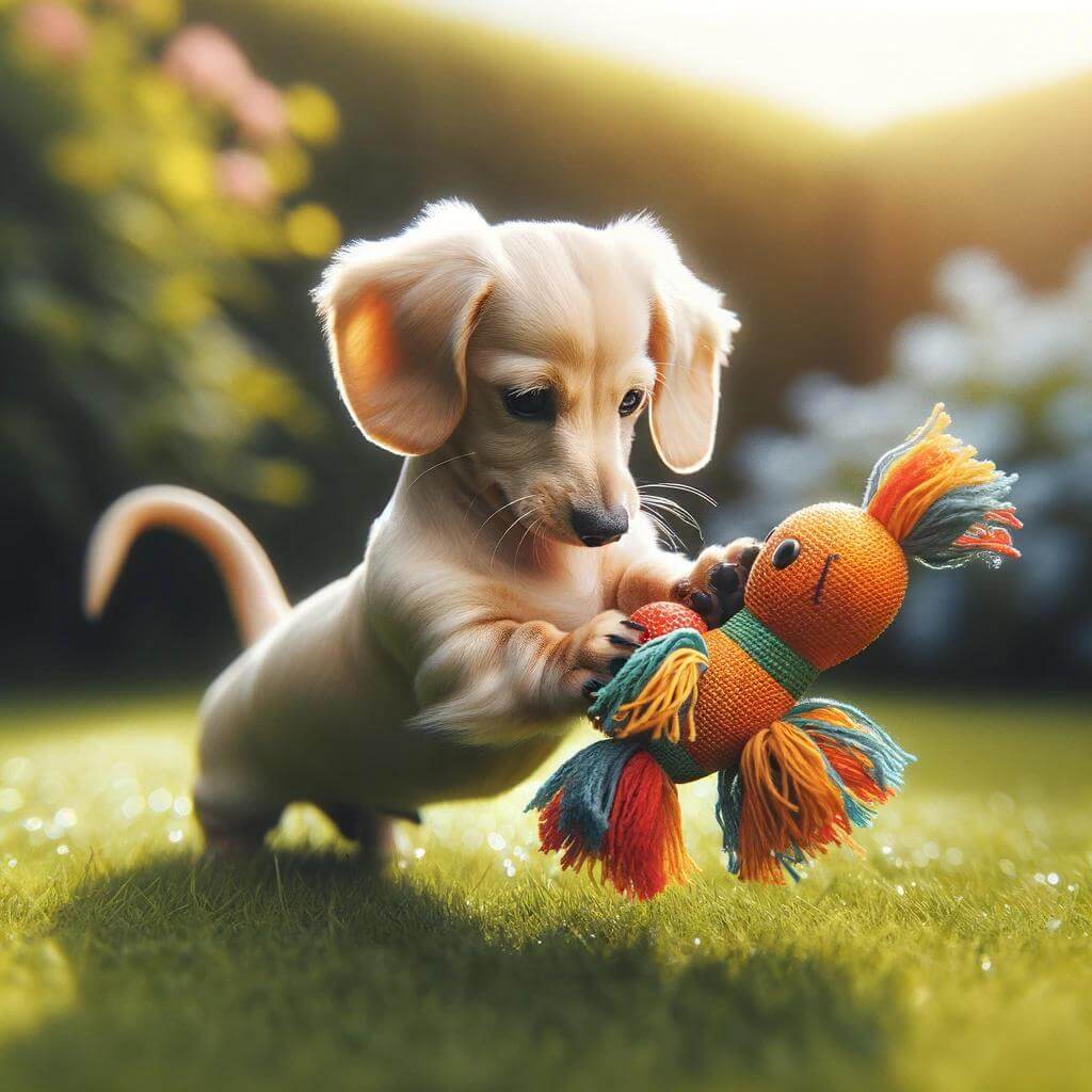 An_English_cream_Dachshund_engaging_with_a_toy_on
